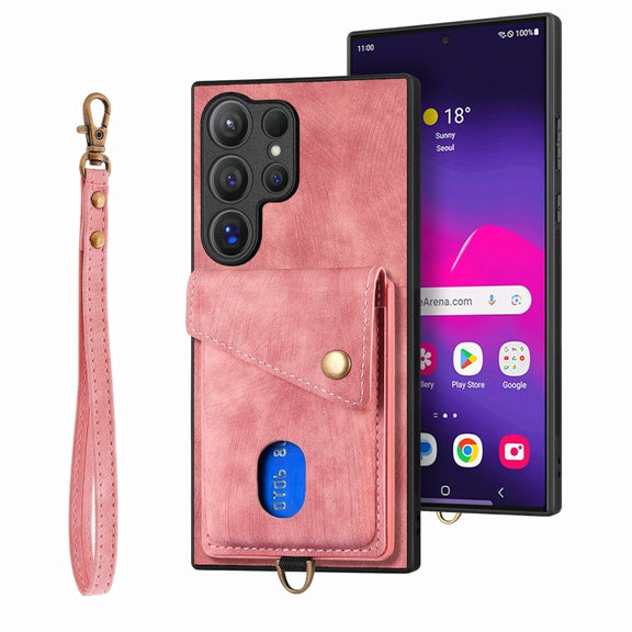 For Samsung Galaxy S25 Ultra 5G Retro Card Wallet Fold Leather Phone Case with Strap(Pink)