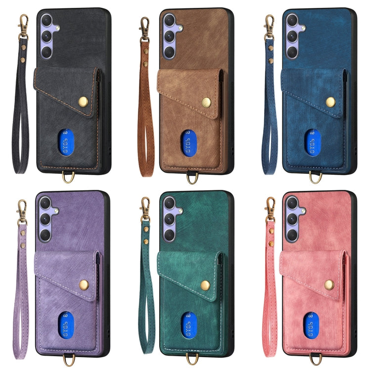 For Samsung Galaxy S25+ 5G Retro Card Wallet Fold Leather Phone Case with Strap(Purple)