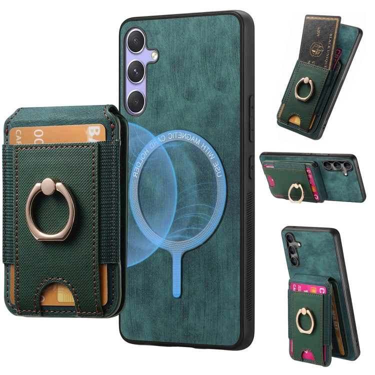 For Samsung Galaxy S25 5G Retro Splitable Magnetic Stand Card Bag Leather Phone Case(Green)