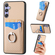 For Samsung Galaxy S25 5G Carbon Fiber Card Wallet Ring Phone Case(Khaki)