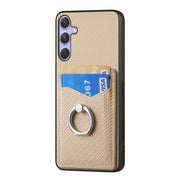 For Samsung Galaxy S25 5G Carbon Fiber Card Wallet Ring Phone Case(Khaki)
