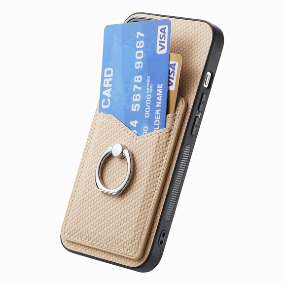 For Samsung Galaxy S25 5G Carbon Fiber Card Wallet Ring Phone Case(Khaki)