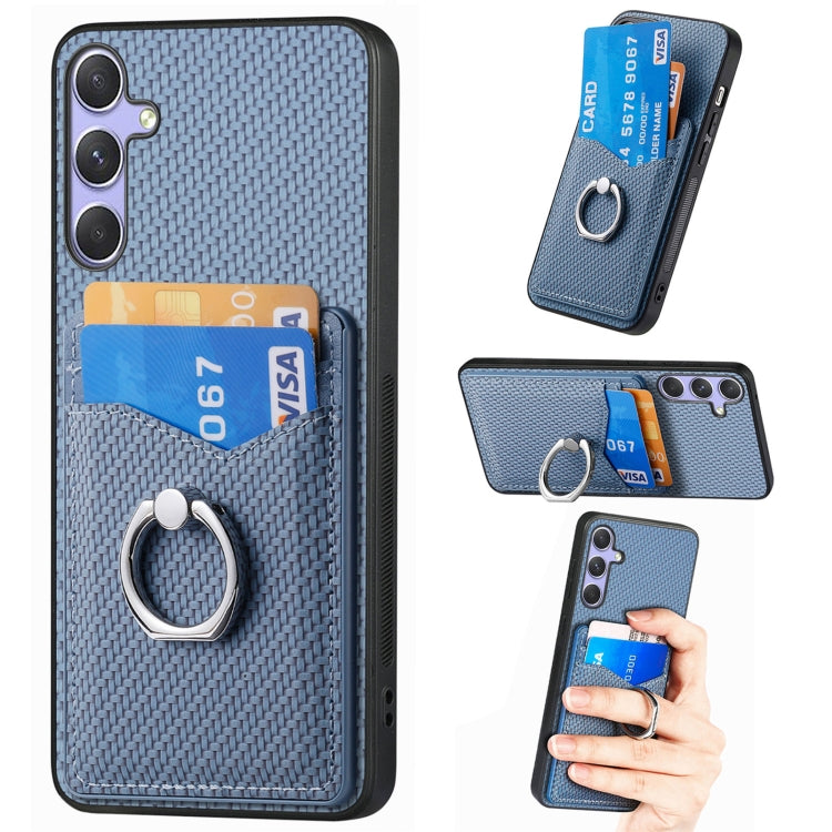 For Samsung Galaxy S25 5G Carbon Fiber Card Wallet Ring Phone Case(Blue)