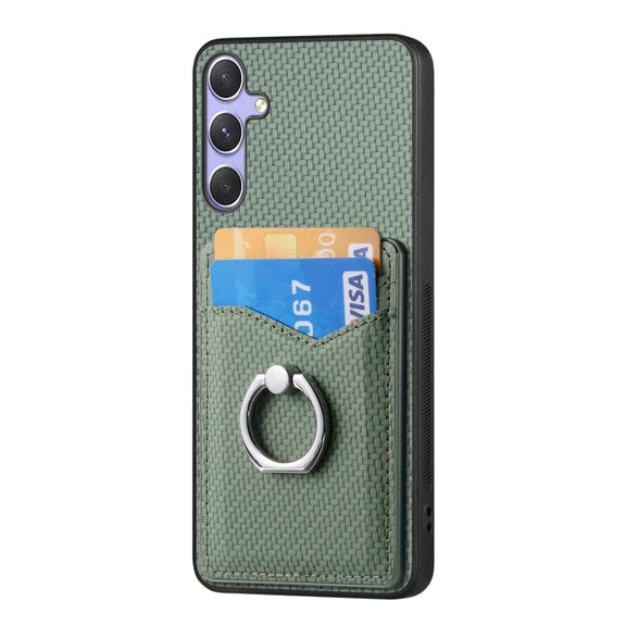 For Samsung Galaxy S25 5G Carbon Fiber Card Wallet Ring Phone Case(Green)