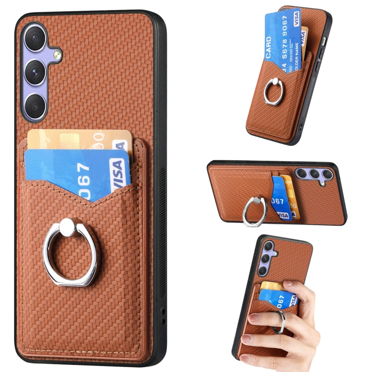 For Samsung Galaxy S25 5G Carbon Fiber Card Wallet Ring Phone Case(Brown)
