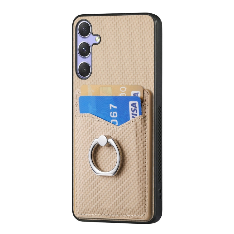 For Samsung Galaxy S25+ 5G Carbon Fiber Card Wallet Ring Phone Case(Khaki)