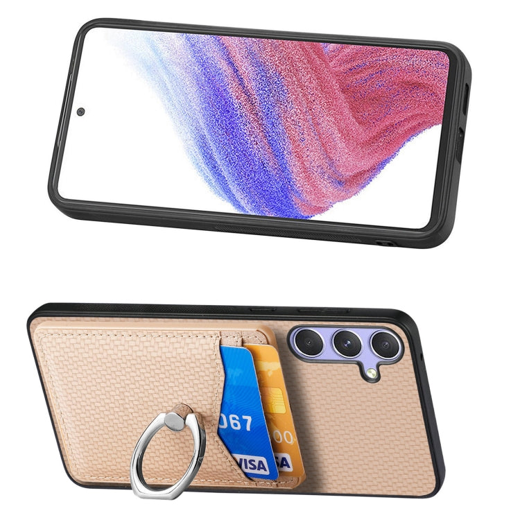 For Samsung Galaxy S25+ 5G Carbon Fiber Card Wallet Ring Phone Case(Khaki)