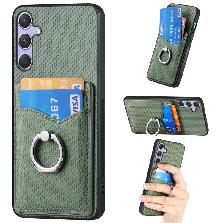 For Samsung Galaxy S25 Ultra 5G Carbon Fiber Card Wallet Ring Phone Case(Green)