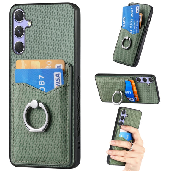 For Samsung Galaxy S25 Ultra 5G Carbon Fiber Card Wallet Ring Phone Case(Green)