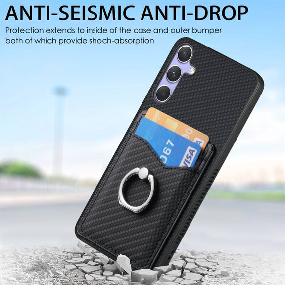 For Samsung Galaxy S25+ 5G Carbon Fiber Card Wallet Ring Phone Case(Brown)