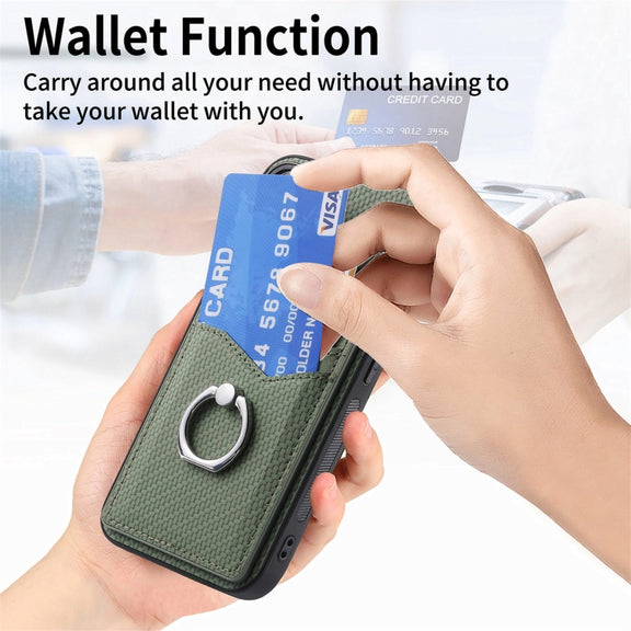 For Samsung Galaxy S25 Ultra 5G Carbon Fiber Card Wallet Ring Phone Case(Khaki)