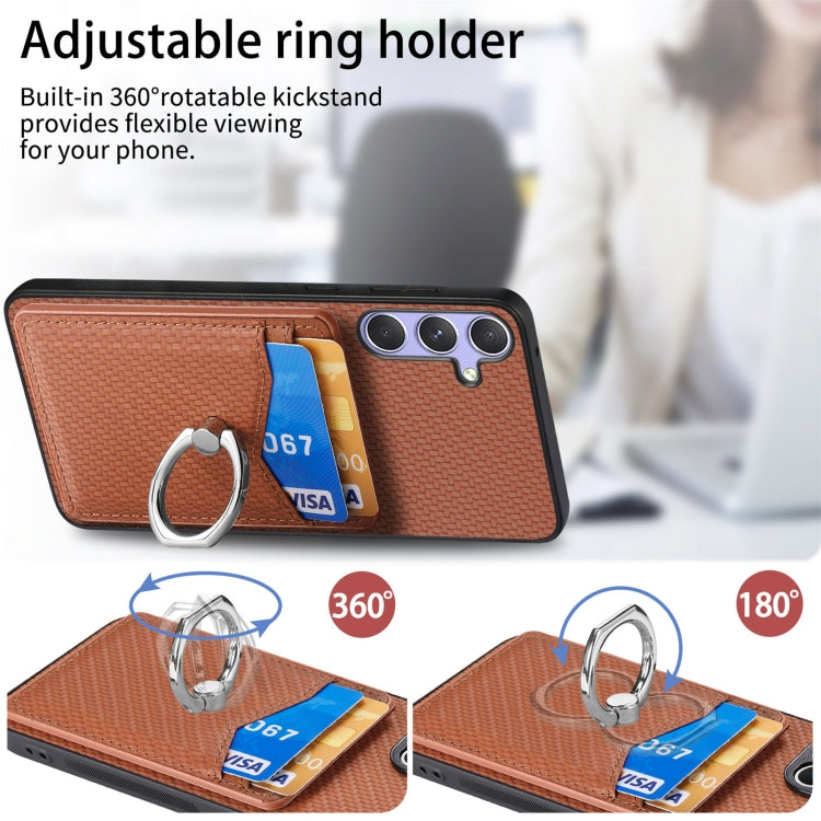 For Samsung Galaxy S25+ 5G Carbon Fiber Card Wallet Ring Phone Case(Brown)
