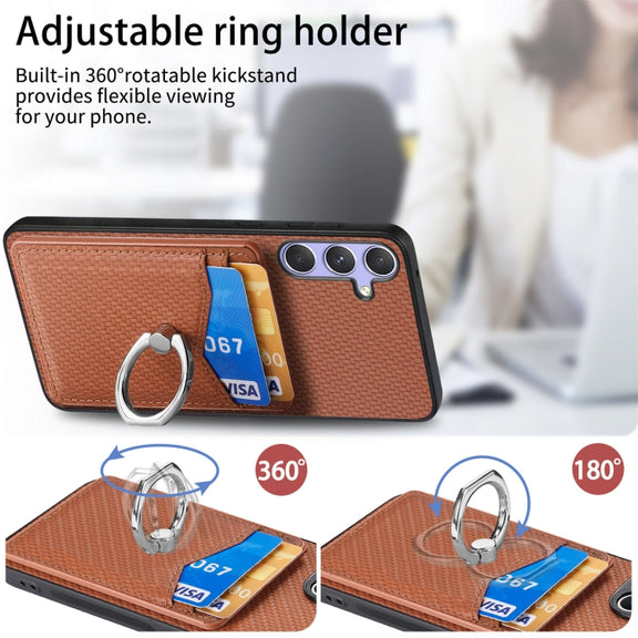For Samsung Galaxy S25+ 5G Carbon Fiber Card Wallet Ring Phone Case(Brown)