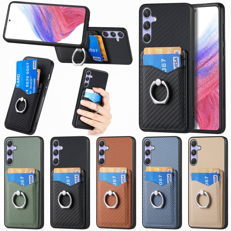 For Samsung Galaxy S25 5G Carbon Fiber Card Wallet Ring Phone Case(Blue)