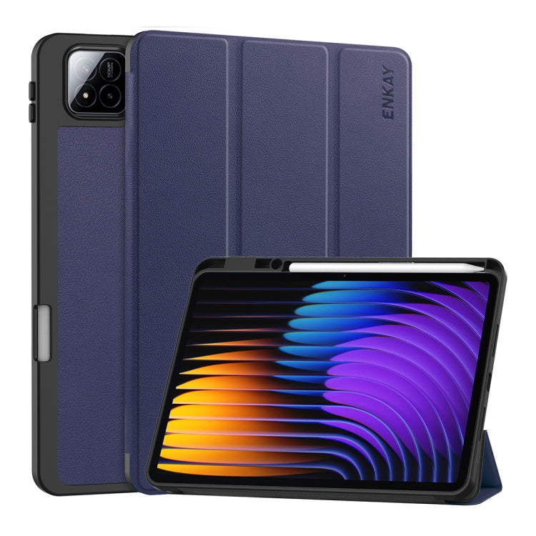 For Xiaomi Pad 7 / 7 Pro 11.2 ENKAY Tri-fold Custer Texture TPU Leather Smart Tablet Case with Pen Slot(Dark Blue)