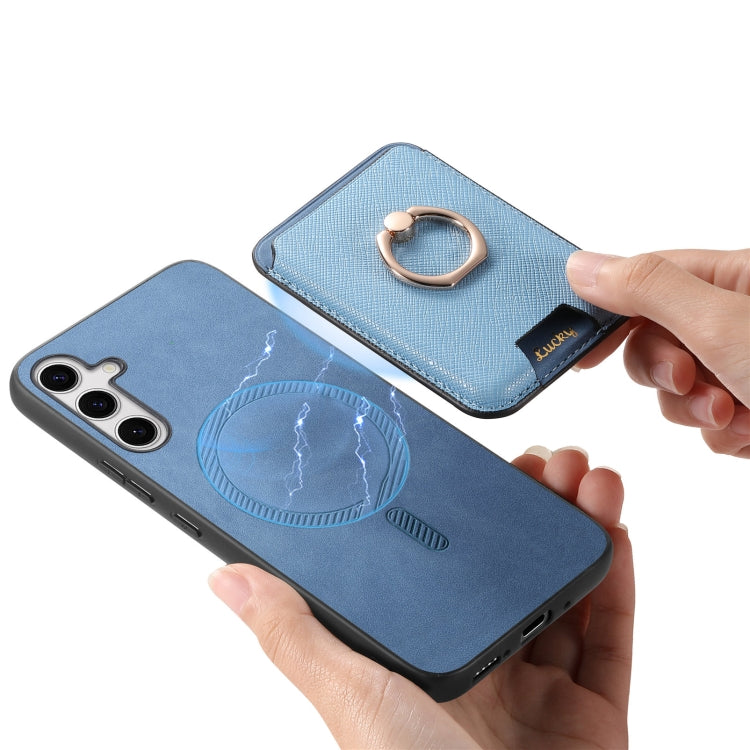 For Samsung Galaxy S25 5G Retro Cross Leather Ring Vertical Insert Card Bag MagSafe Phone Case(Blue)