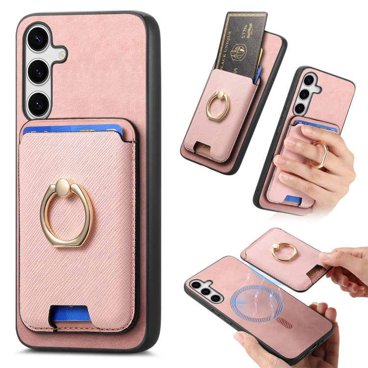 For Samsung Galaxy S25 5G Retro Cross Leather Ring Vertical Insert Card Bag MagSafe Phone Case(Pink)