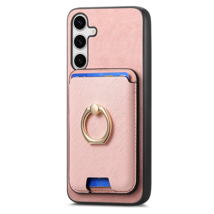 For Samsung Galaxy S25 5G Retro Cross Leather Ring Vertical Insert Card Bag MagSafe Phone Case(Pink)