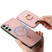 For Samsung Galaxy S25 5G Retro Cross Leather Ring Vertical Insert Card Bag MagSafe Phone Case(Pink)