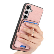 For Samsung Galaxy S25 5G Retro Cross Leather Ring Vertical Insert Card Bag MagSafe Phone Case(Pink)