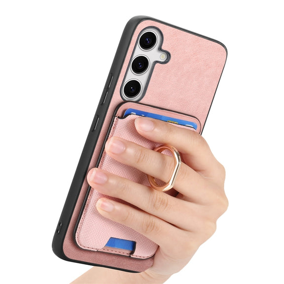 For Samsung Galaxy S25 5G Retro Cross Leather Ring Vertical Insert Card Bag MagSafe Phone Case(Pink)