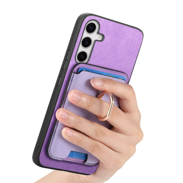 For Samsung Galaxy S25 5G Retro Cross Leather Ring Vertical Insert Card Bag MagSafe Phone Case(Purple)