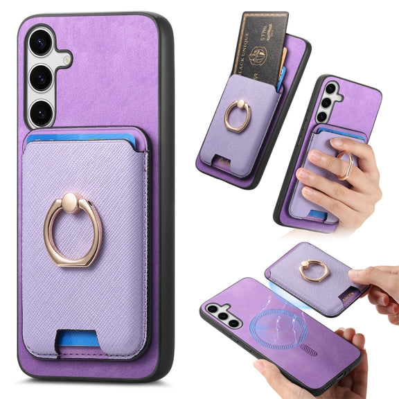 For Samsung Galaxy S25 5G Retro Cross Leather Ring Vertical Insert Card Bag MagSafe Phone Case(Purple)