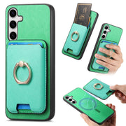 For Samsung Galaxy S25 5G Retro Cross Leather Ring Vertical Insert Card Bag MagSafe Phone Case(Green)
