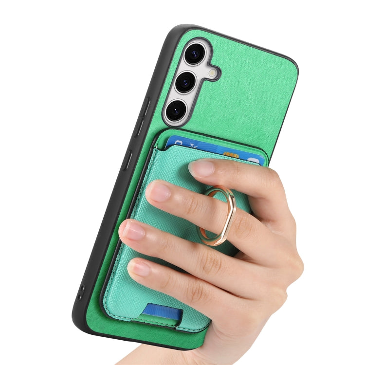 For Samsung Galaxy S25 5G Retro Cross Leather Ring Vertical Insert Card Bag MagSafe Phone Case(Green)