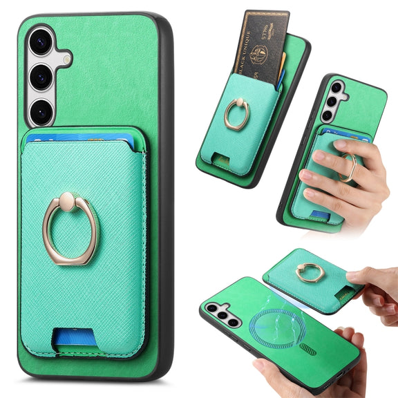For Samsung Galaxy S25 5G Retro Cross Leather Ring Vertical Insert Card Bag MagSafe Phone Case(Green)
