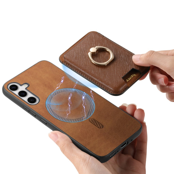 For Samsung Galaxy S25 5G Retro Cross Leather Ring Vertical Insert Card Bag MagSafe Phone Case(Brown)