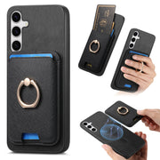 For Samsung Galaxy S25 5G Retro Cross Leather Ring Vertical Insert Card Bag MagSafe Phone Case(Black)
