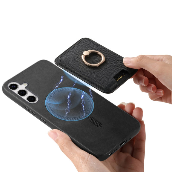 For Samsung Galaxy S25 5G Retro Cross Leather Ring Vertical Insert Card Bag MagSafe Phone Case(Black)
