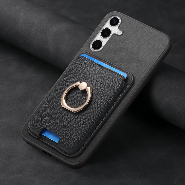 For Samsung Galaxy S25 5G Retro Cross Leather Ring Vertical Insert Card Bag MagSafe Phone Case(Black)