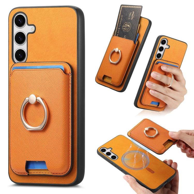 For Samsung Galaxy S25+ 5G Retro Cross Leather Ring Vertical Insert Card Bag MagSafe Phone Case(Yellow)
