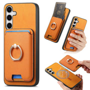 For Samsung Galaxy S25+ 5G Retro Cross Leather Ring Vertical Insert Card Bag MagSafe Phone Case(Yellow)