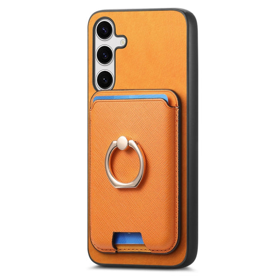 For Samsung Galaxy S25+ 5G Retro Cross Leather Ring Vertical Insert Card Bag MagSafe Phone Case(Yellow)