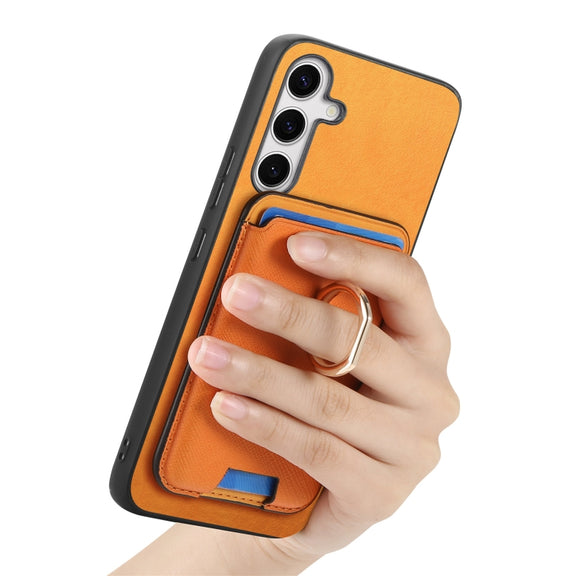 For Samsung Galaxy S25+ 5G Retro Cross Leather Ring Vertical Insert Card Bag MagSafe Phone Case(Yellow)