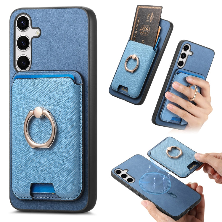 For Samsung Galaxy S25+ 5G Retro Cross Leather Ring Vertical Insert Card Bag MagSafe Phone Case(Blue)