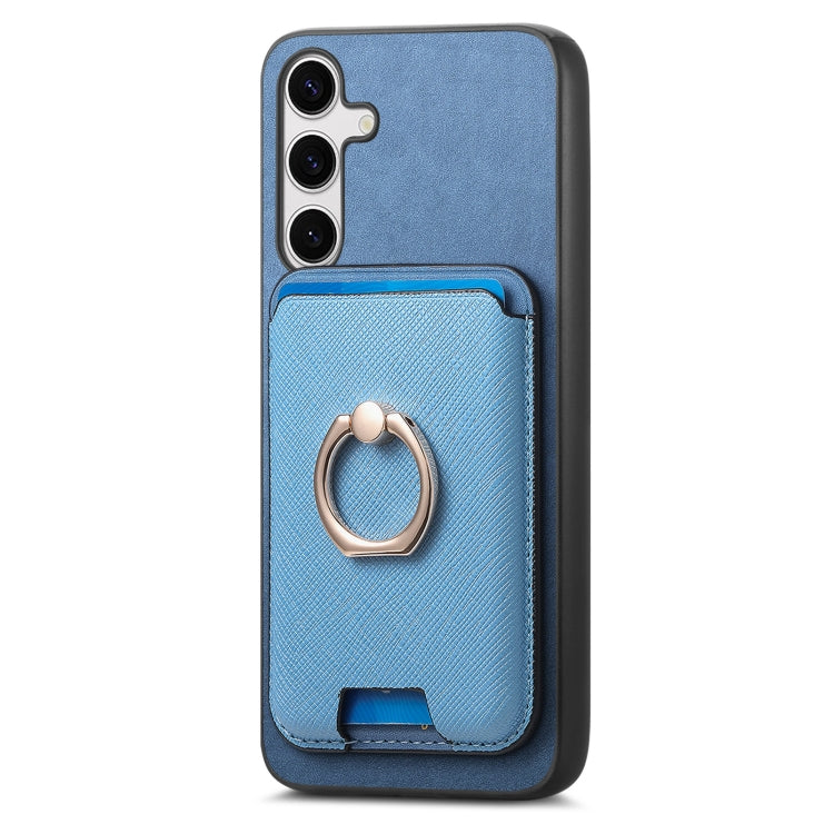 For Samsung Galaxy S25+ 5G Retro Cross Leather Ring Vertical Insert Card Bag MagSafe Phone Case(Blue)