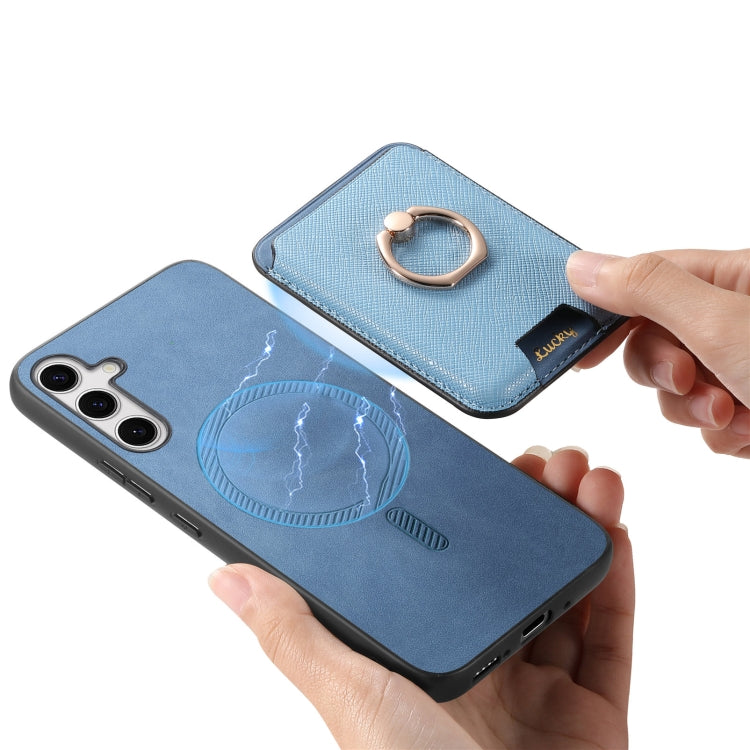 For Samsung Galaxy S25+ 5G Retro Cross Leather Ring Vertical Insert Card Bag MagSafe Phone Case(Blue)