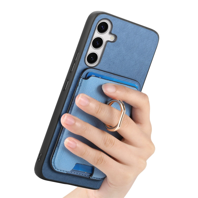 For Samsung Galaxy S25+ 5G Retro Cross Leather Ring Vertical Insert Card Bag MagSafe Phone Case(Blue)
