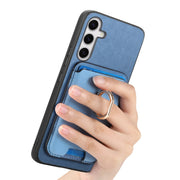 For Samsung Galaxy S25+ 5G Retro Cross Leather Ring Vertical Insert Card Bag MagSafe Phone Case(Blue)