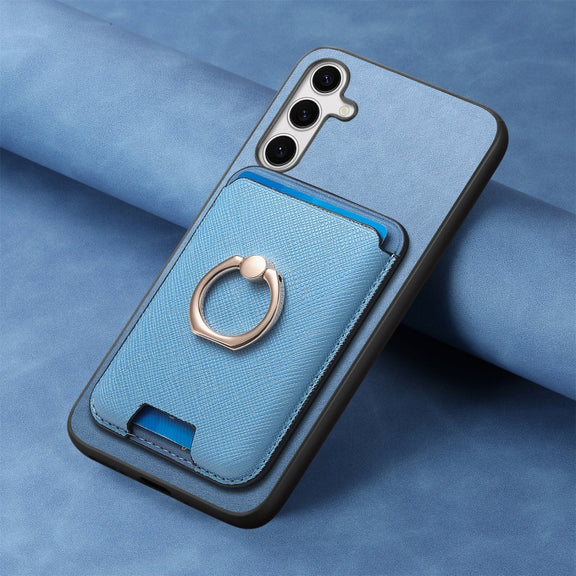 For Samsung Galaxy S25+ 5G Retro Cross Leather Ring Vertical Insert Card Bag MagSafe Phone Case(Blue)