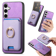 For Samsung Galaxy S25+ 5G Retro Cross Leather Ring Vertical Insert Card Bag MagSafe Phone Case(Purple)