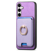 For Samsung Galaxy S25+ 5G Retro Cross Leather Ring Vertical Insert Card Bag MagSafe Phone Case(Purple)