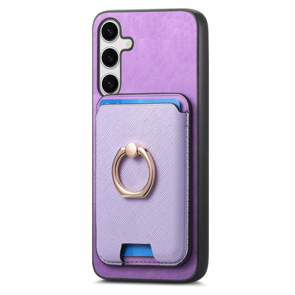 For Samsung Galaxy S25+ 5G Retro Cross Leather Ring Vertical Insert Card Bag MagSafe Phone Case(Purple)