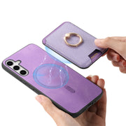 For Samsung Galaxy S25+ 5G Retro Cross Leather Ring Vertical Insert Card Bag MagSafe Phone Case(Purple)