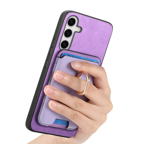 For Samsung Galaxy S25+ 5G Retro Cross Leather Ring Vertical Insert Card Bag MagSafe Phone Case(Purple)