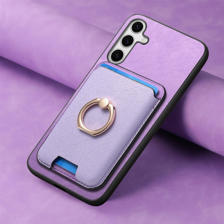 For Samsung Galaxy S25+ 5G Retro Cross Leather Ring Vertical Insert Card Bag MagSafe Phone Case(Purple)